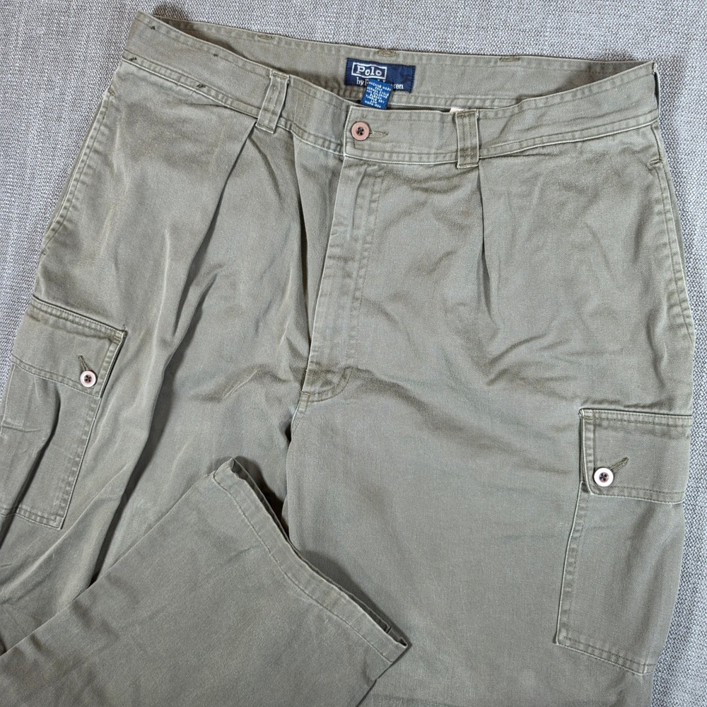 VTG Polo Ralph Lauren Cargo Pants Mens 36/32‎ Olive Green Pleated Straight Leg